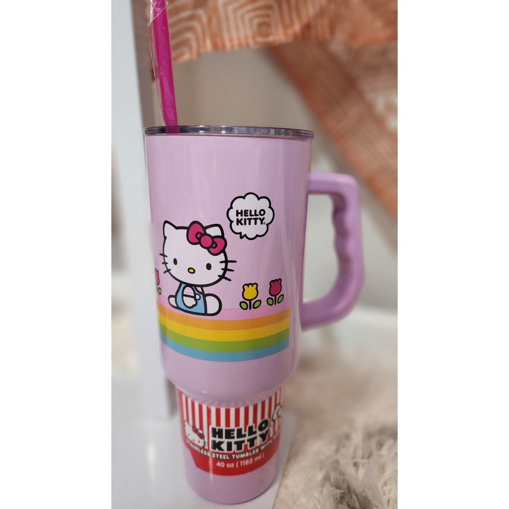 Hello Kitty Stainless Steel Tumbler 40 oz Pink With‎ Handle Lid Straw Reusable